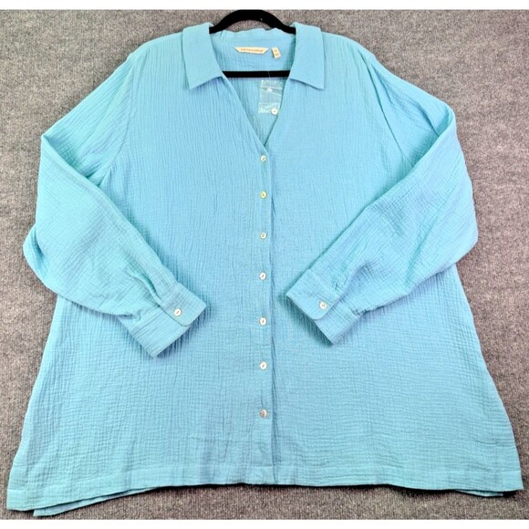 Soft Surroundings 2X Blue Button Front Textured Gauze Top Long Sleeve Tunic - Picture 1 of 11